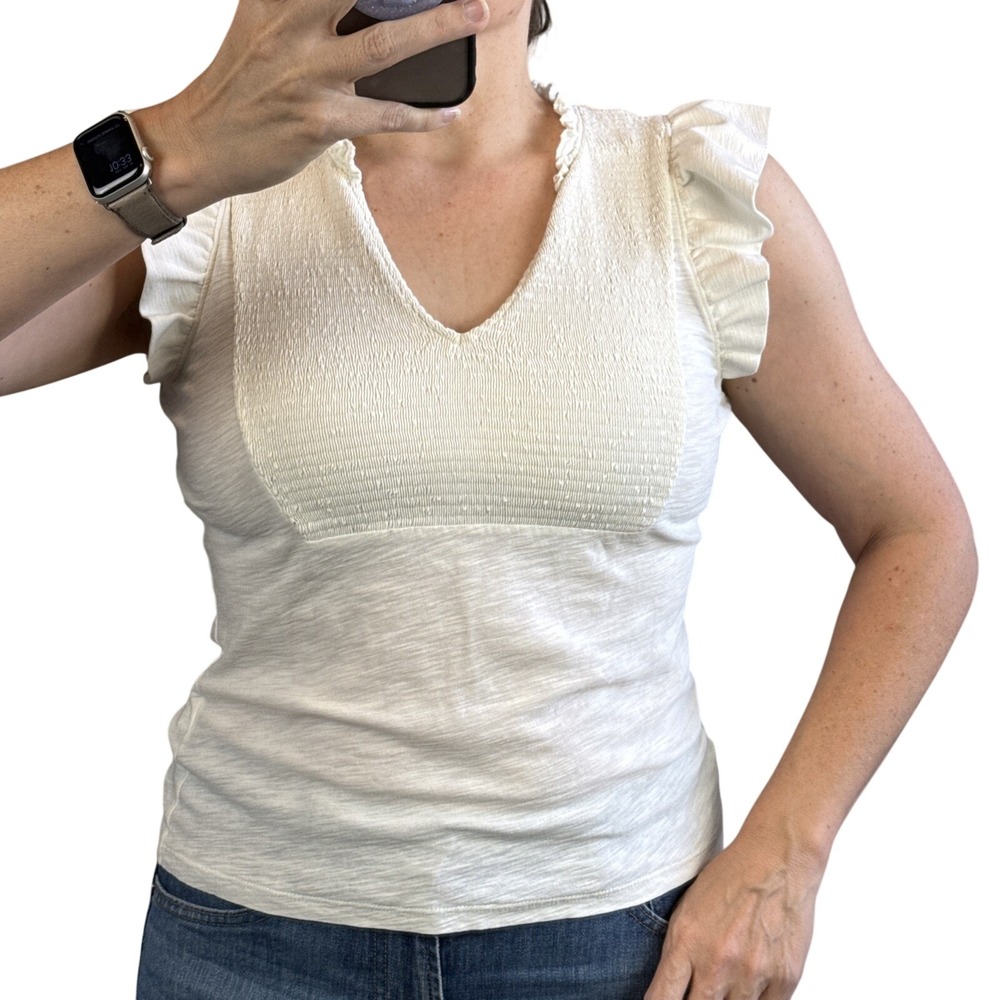 Nation LTD Womens Smocked Habiba Top Shirt Size S Ivory Pima‎ Cotton Jersey Knit